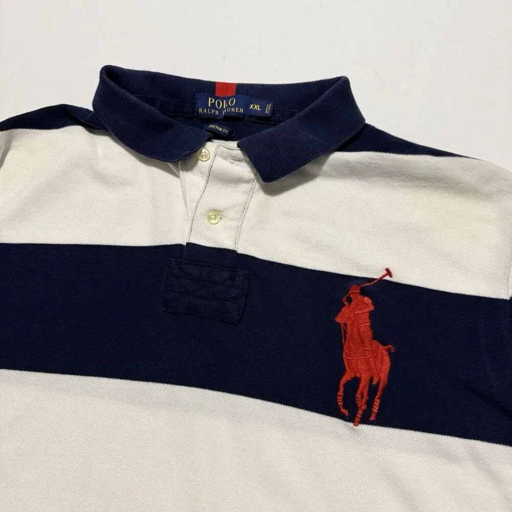 Polo Ralph Lauren Big Pony USA Flag Rugby Shirt Men’s XXL Custom Fit Blue White